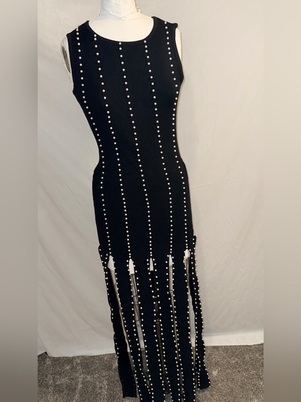 Kayl The Label Pearls Knit Maxi Dress Black Pearl Fringe size LARGE - NWT